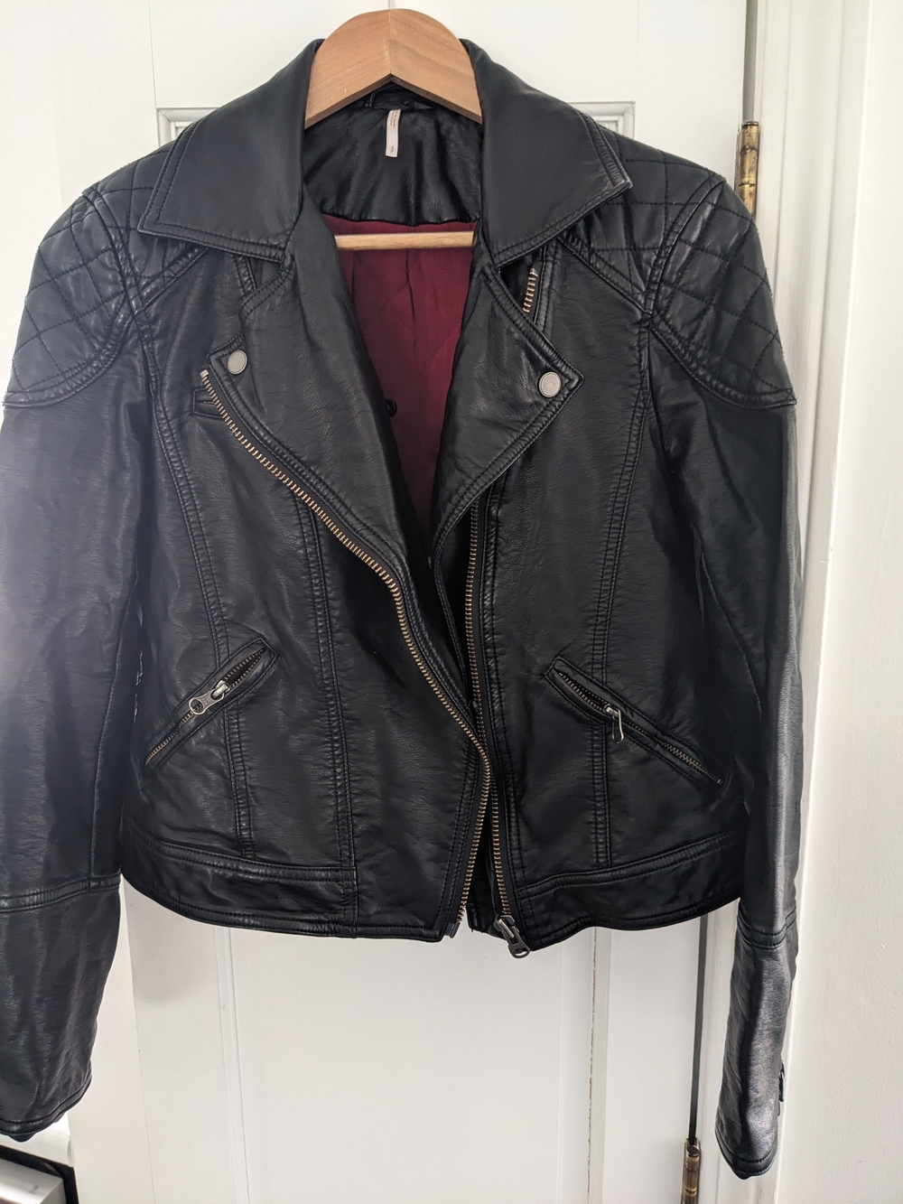 Free People Black Faux Leather Moto Jacket with Quilted Shoulders